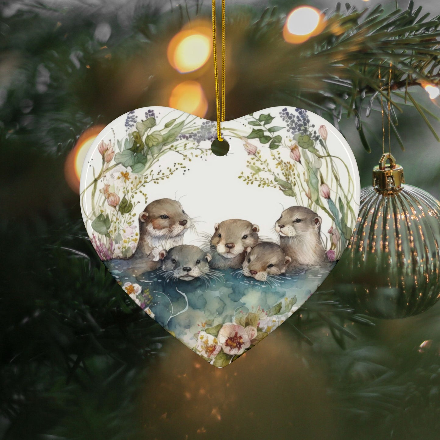 Otter Family Ceramic Ornament – Whimsical Woodland Holiday Decor