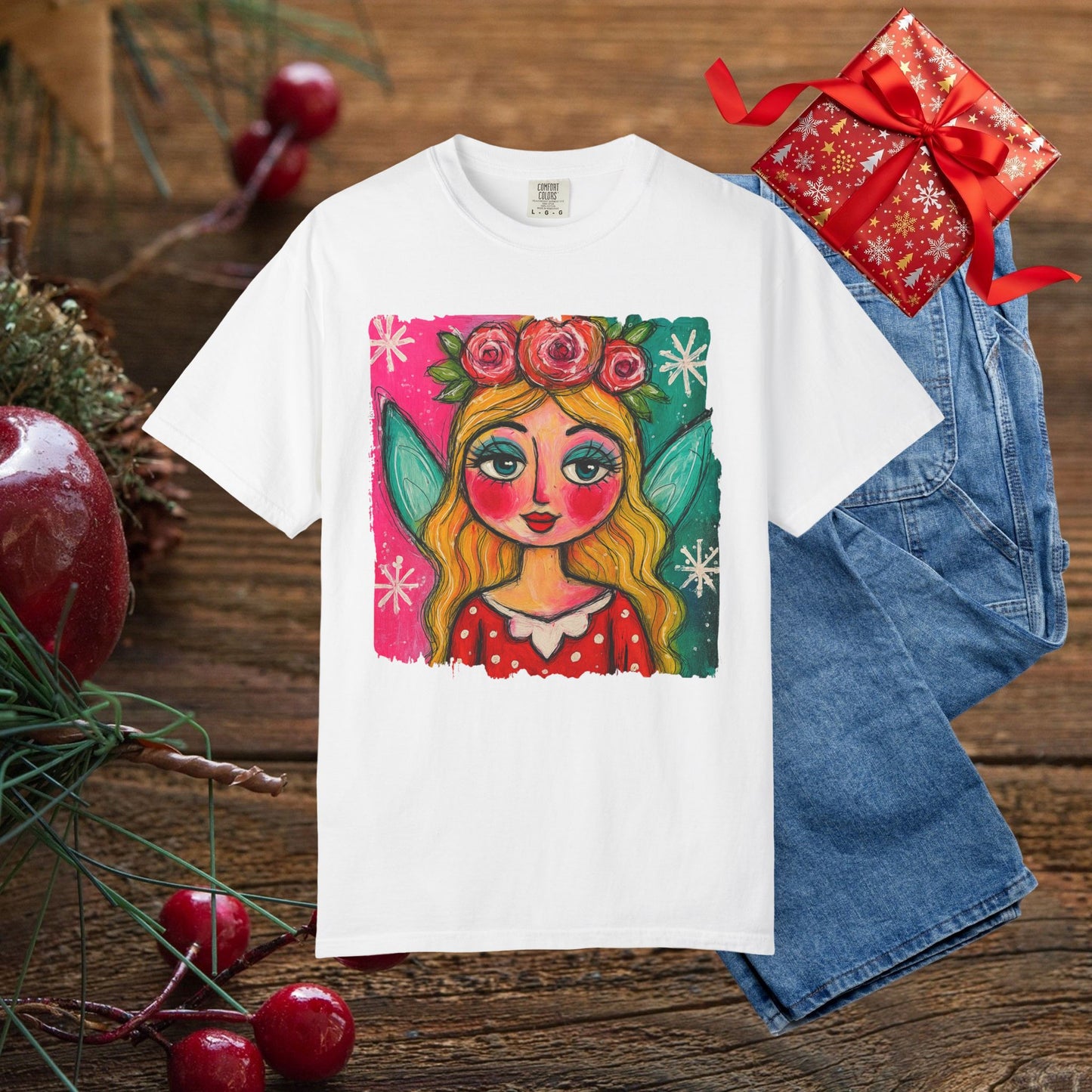 Whimsical Floral Crown Girl T-Shirt — Colorful Folk Art Portrait Tee