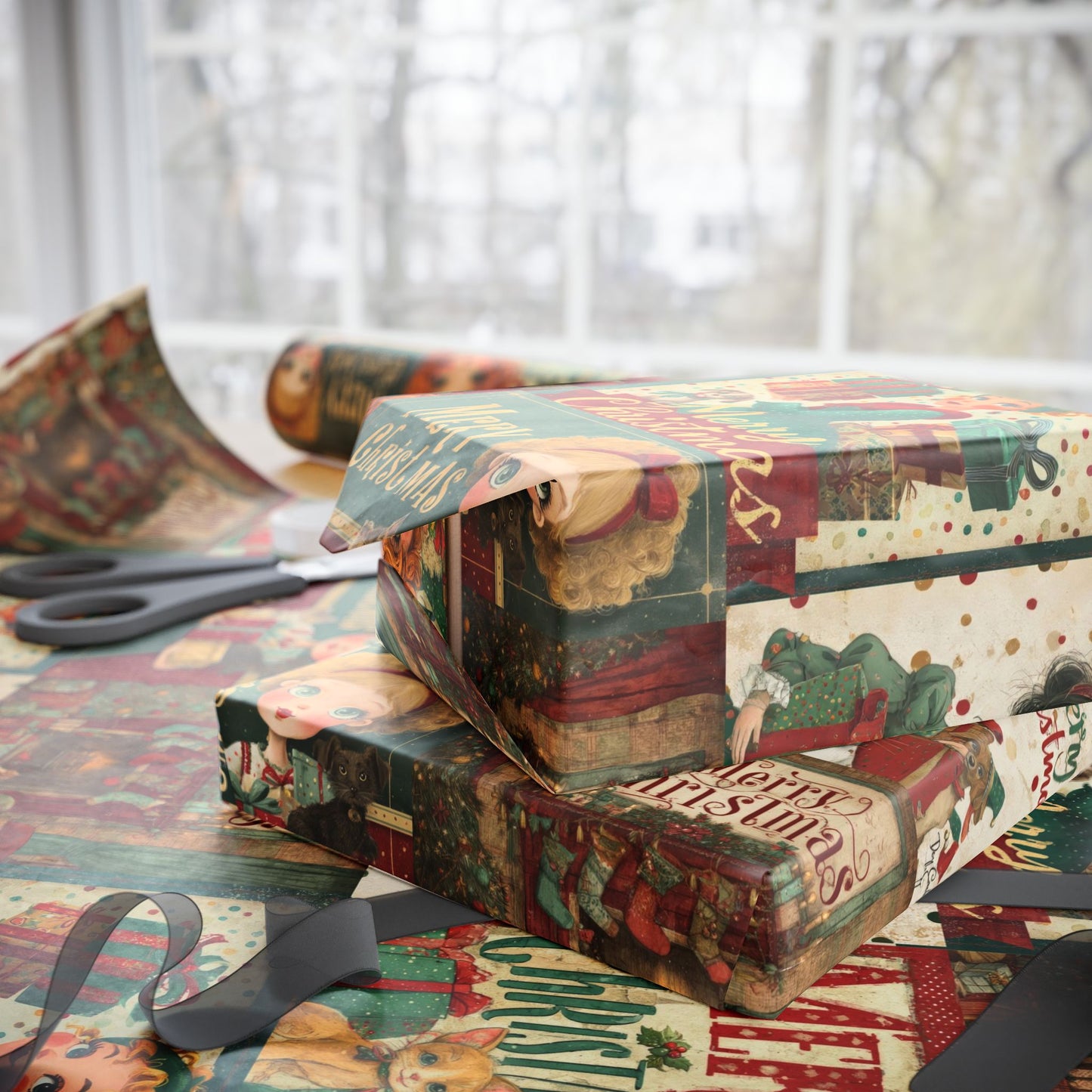 Vintage Merry Christmas Gift Wrapping Paper Roll