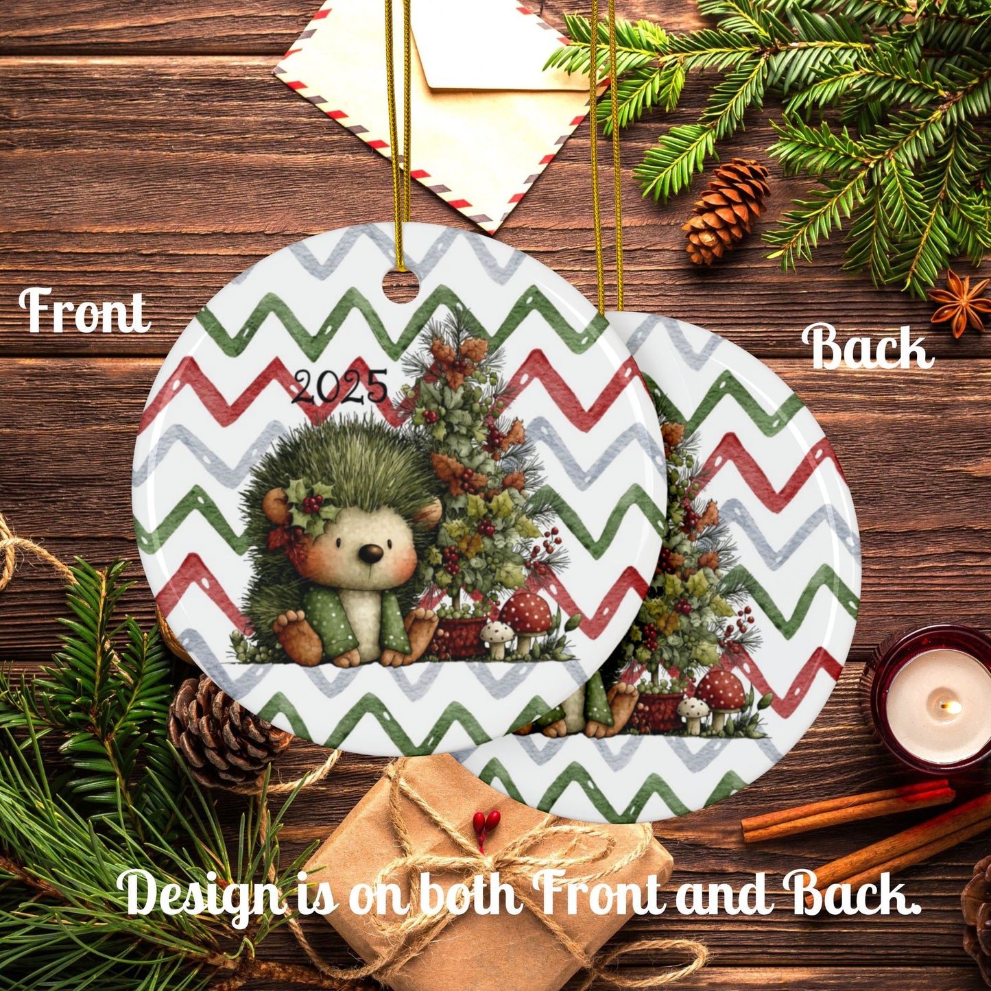 Ceramic Hedgehog Christmas Ornament — Double-Sided 2025 Holiday Tree Decoration