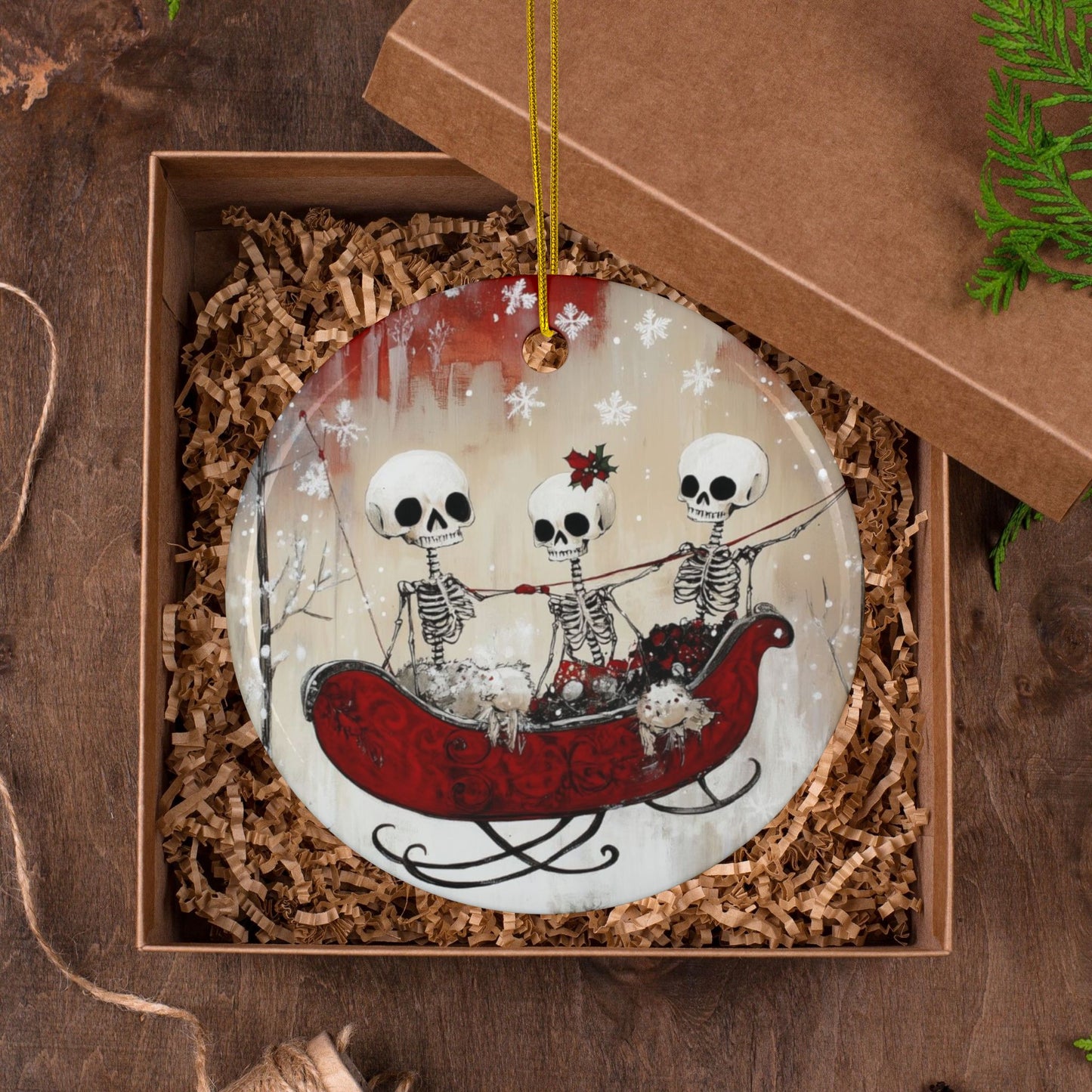 Skeleton Sleigh Ride Ceramic Ornaments