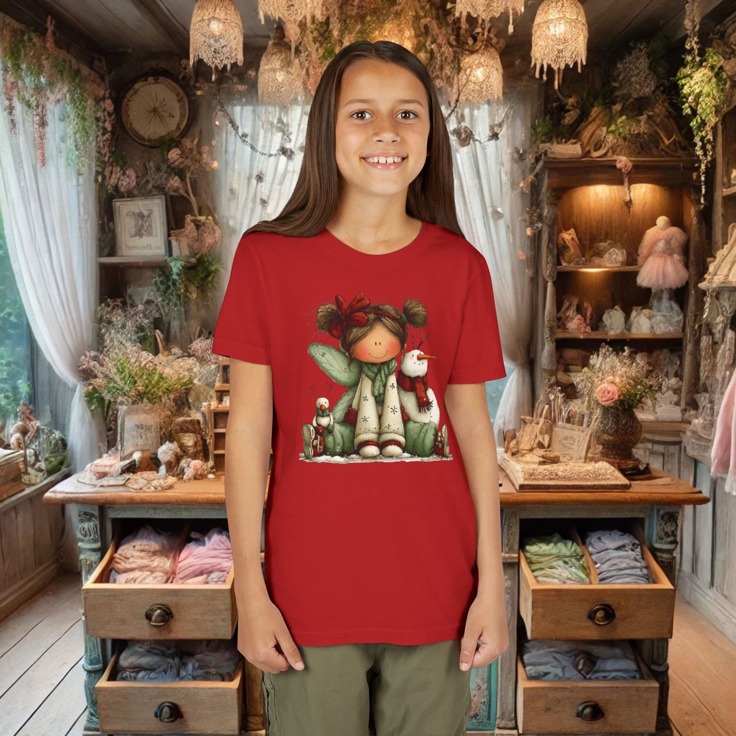 Kids Christmas Fairy Tee — Cute Girl with Snowman Holiday Shirt