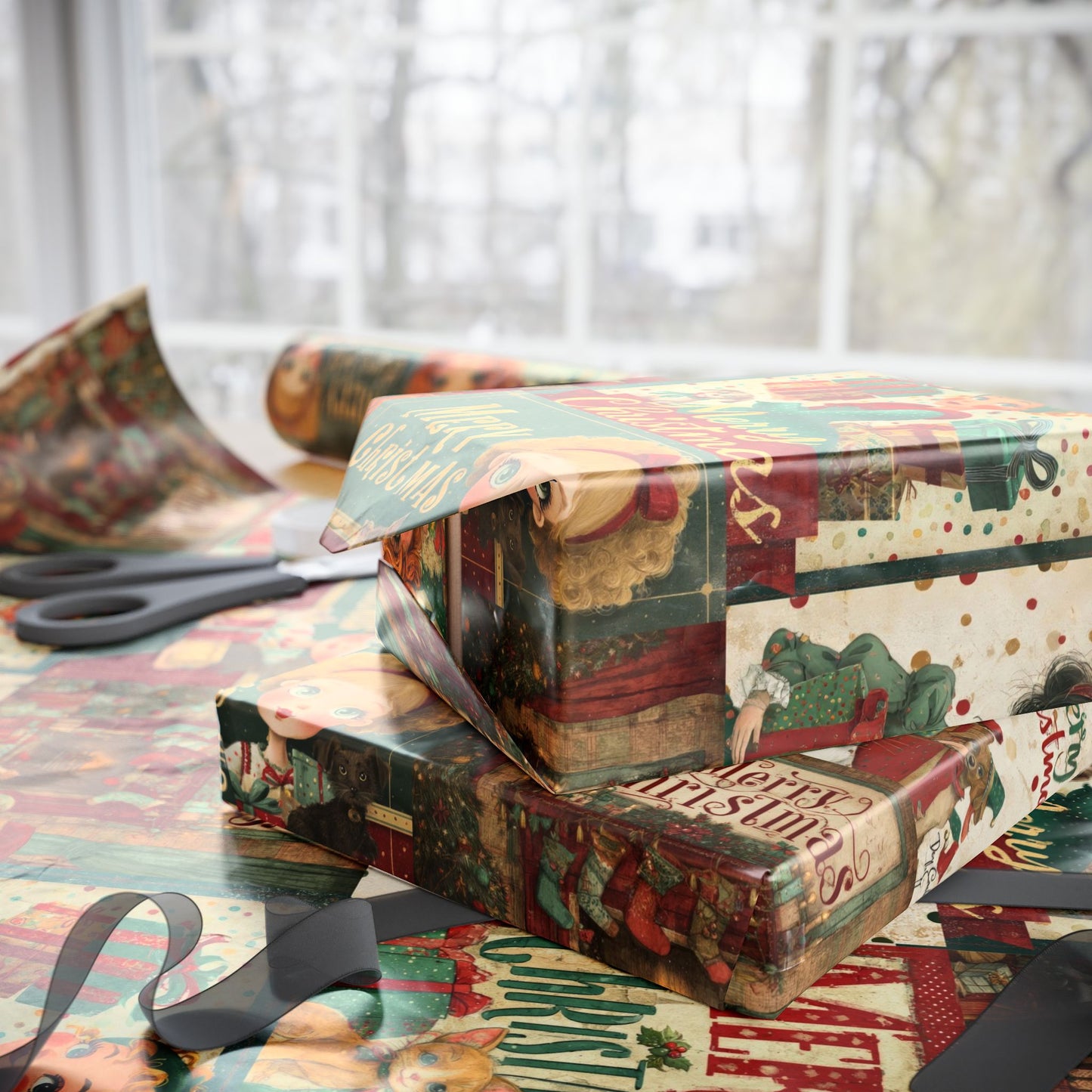 Vintage Merry Christmas Gift Wrapping Paper Roll