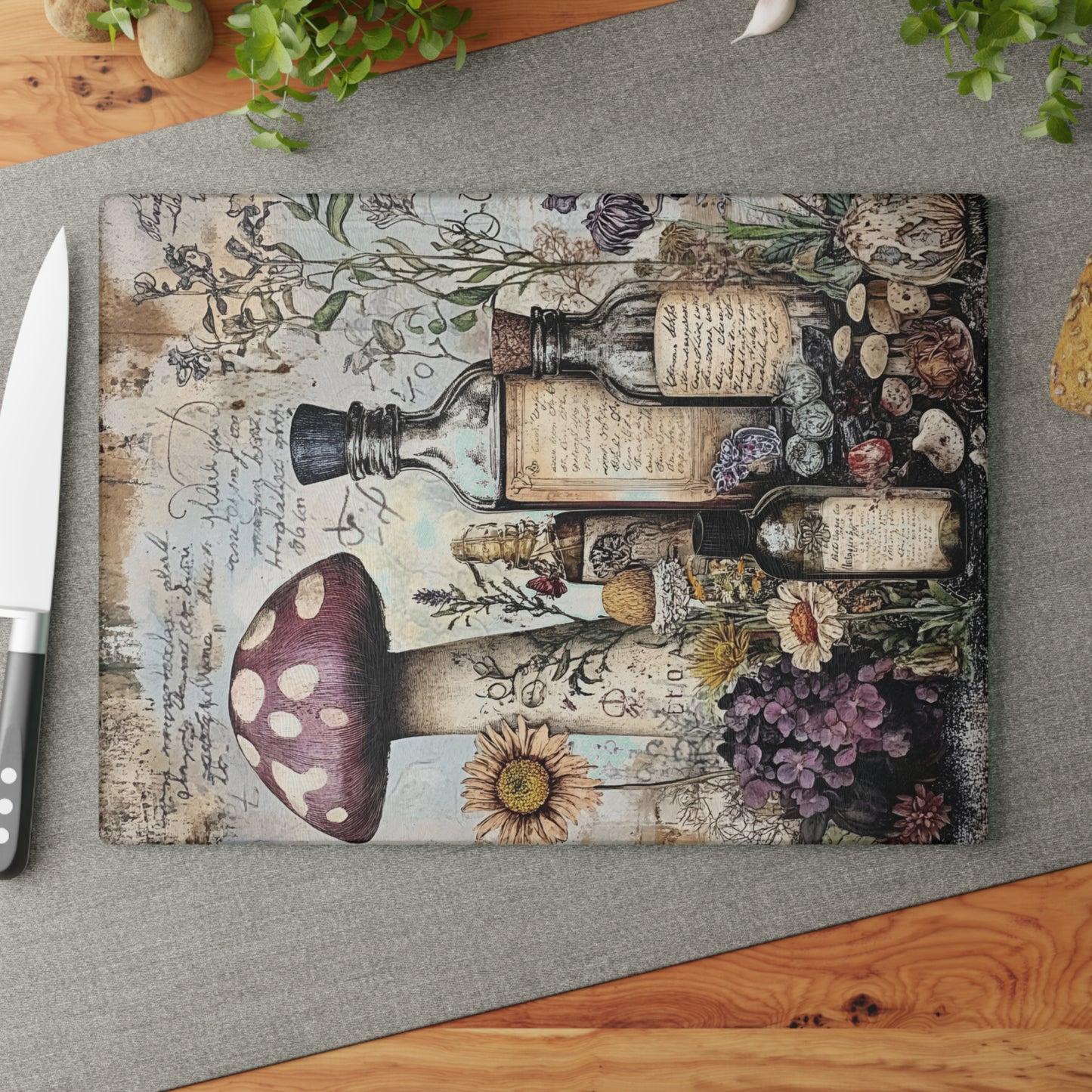 Mushroom Apothecary Glass Cutting Board – Witchy Kitchen Decor