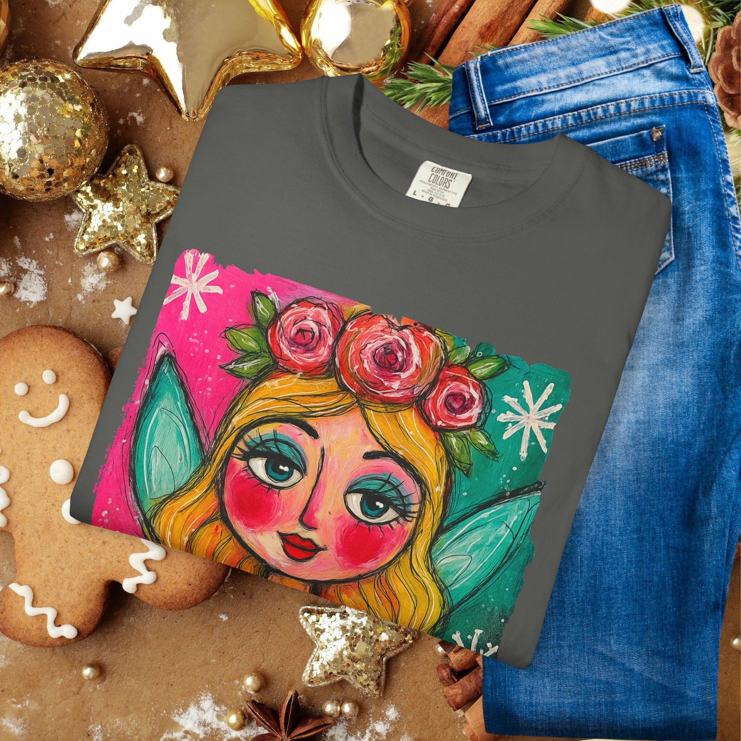 Whimsical Floral Crown Girl T-Shirt — Colorful Folk Art Portrait Tee