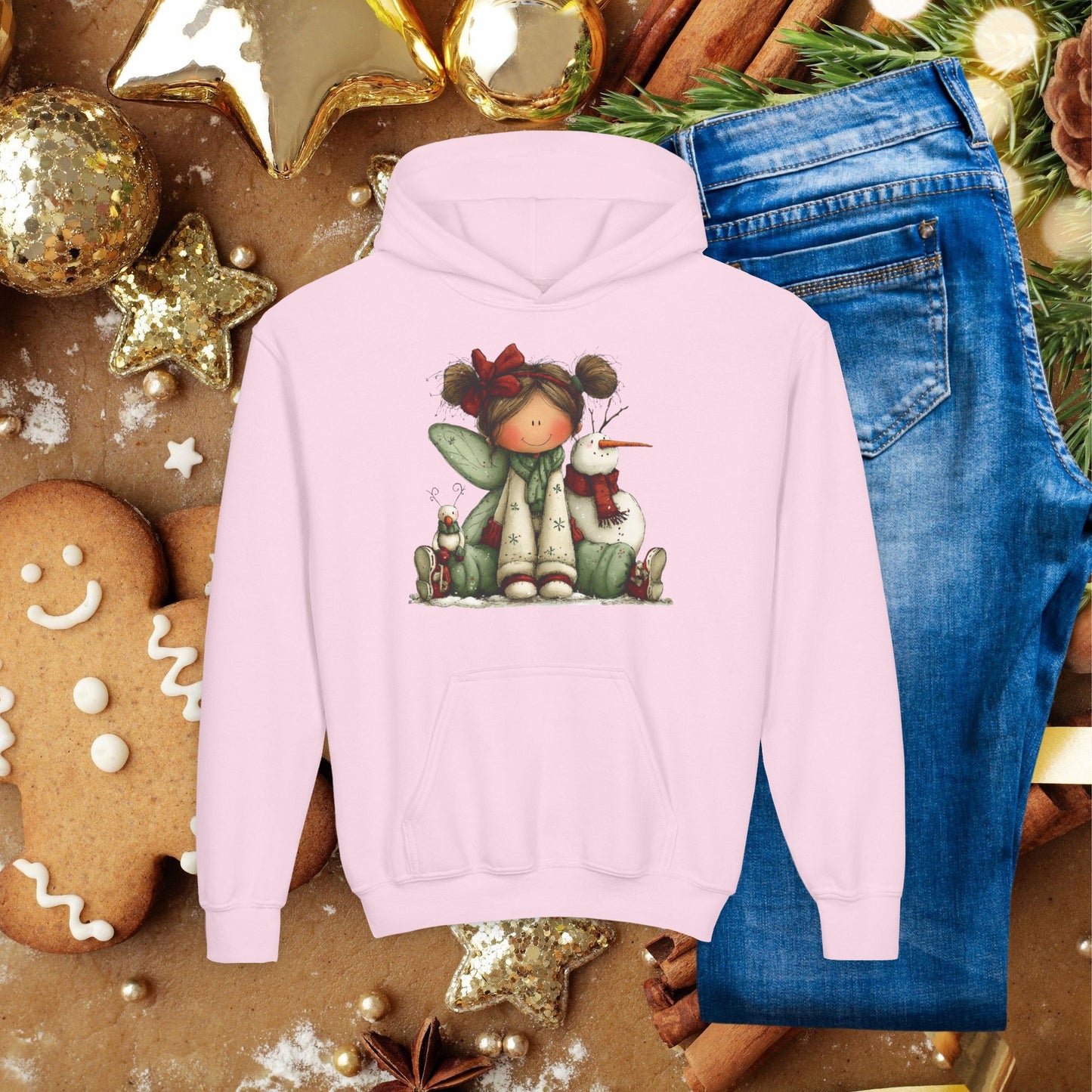Kids Christmas Angel Hoodie — Cute Elf with Snowman Holiday Sweatshirt