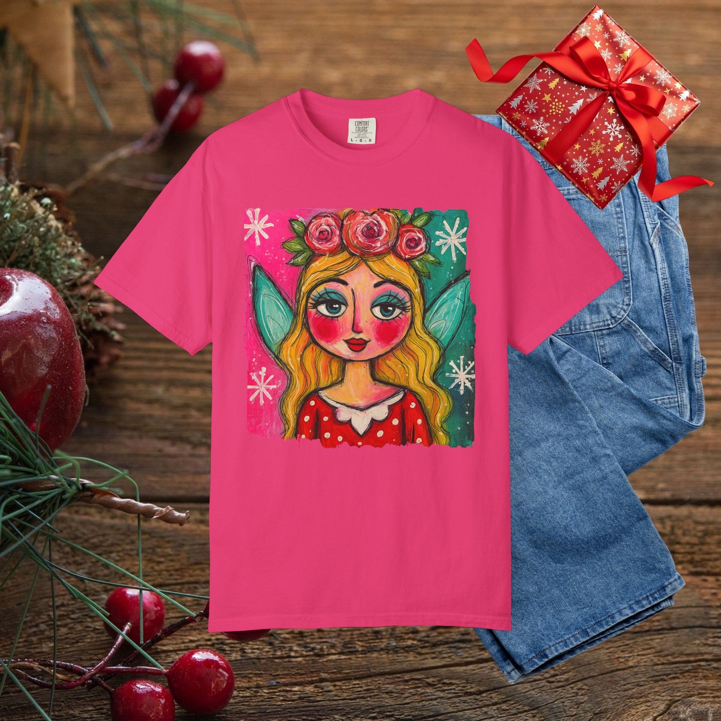 Whimsical Floral Crown Girl T-Shirt — Colorful Folk Art Portrait Tee