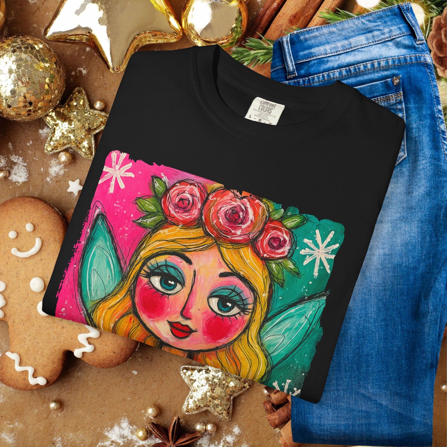 Whimsical Floral Crown Girl T-Shirt — Colorful Folk Art Portrait Tee