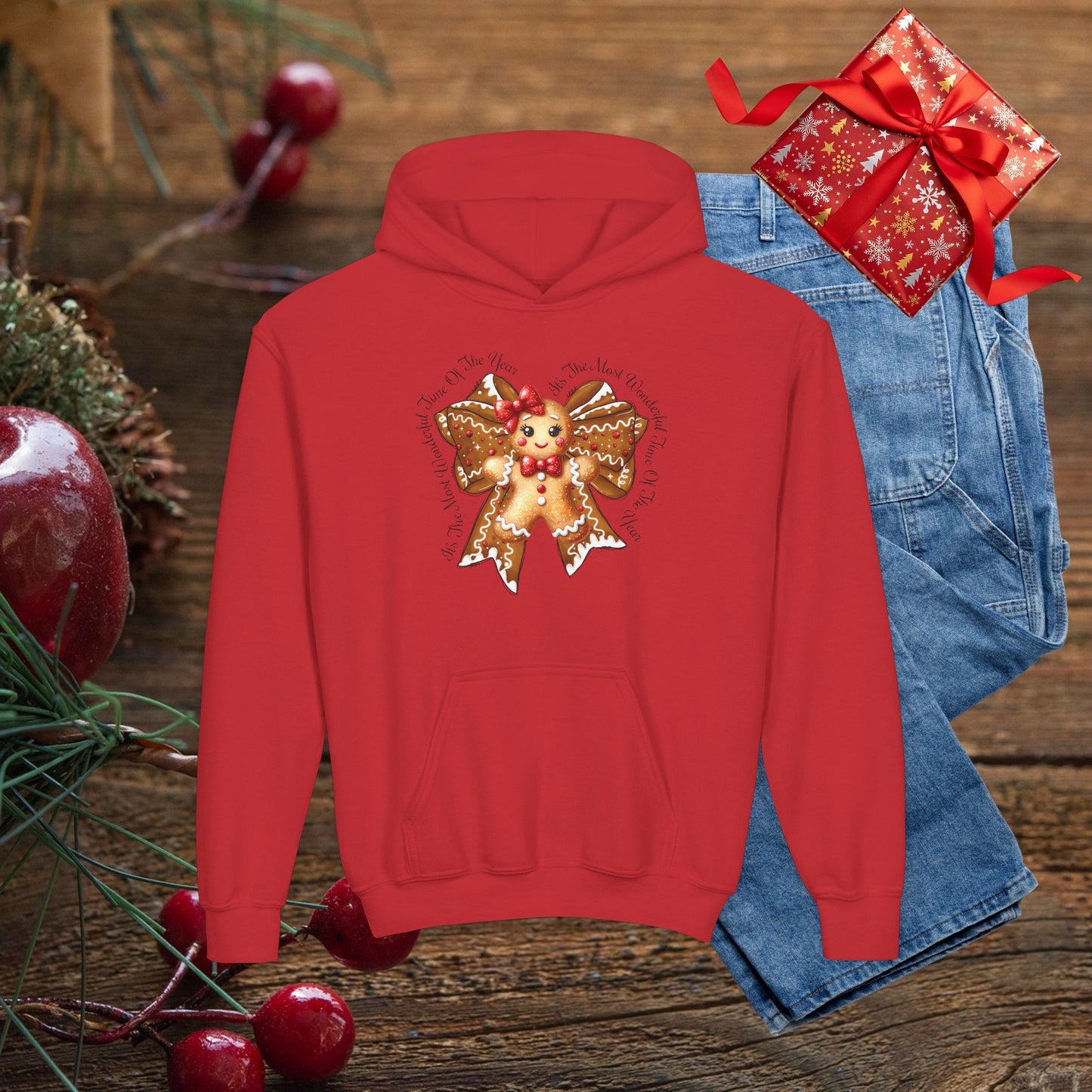 Kids Christmas Gingerbread Bow Hoodie - Cute Holiday Youth Sweatshirt