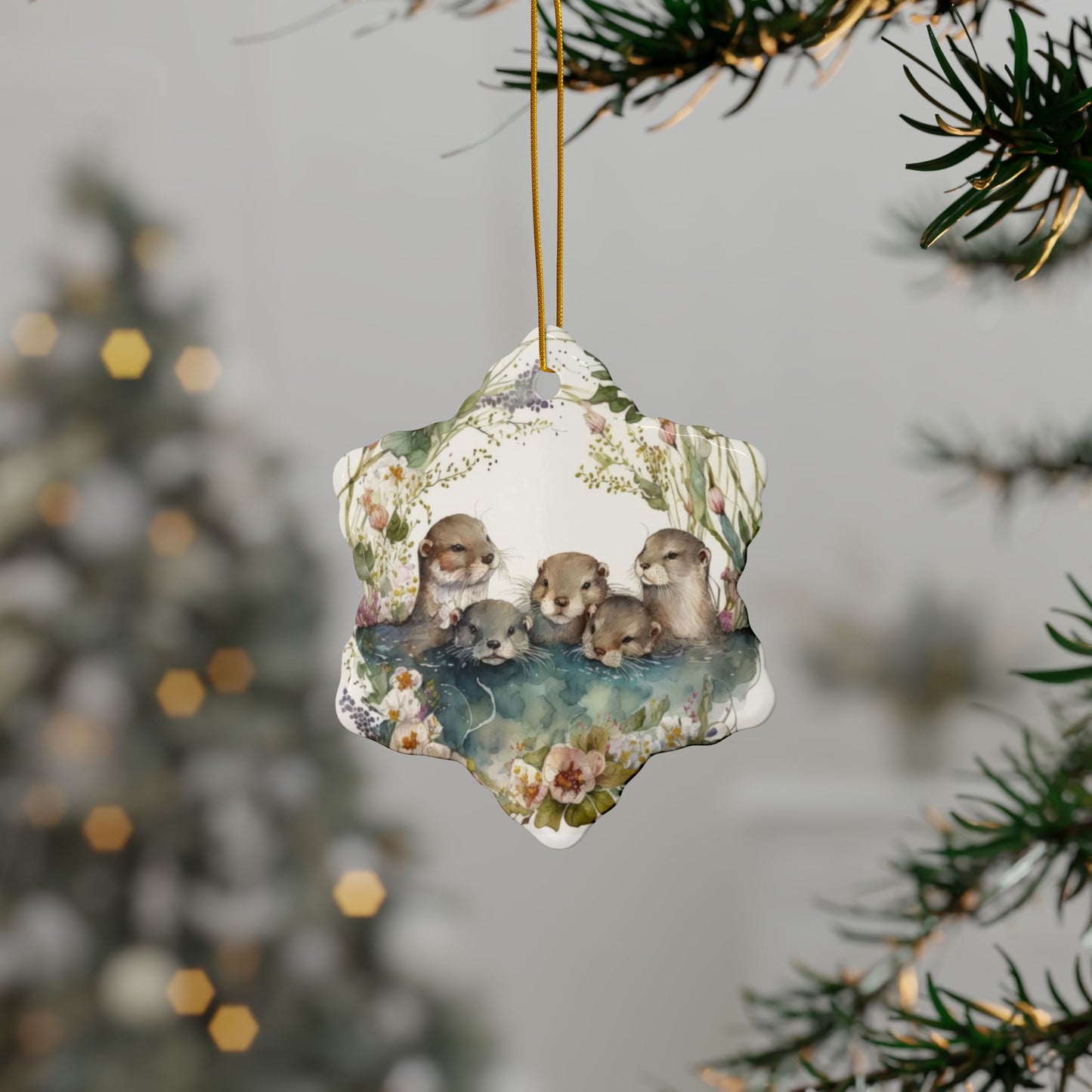 Otter Family Ceramic Ornament – Whimsical Woodland Holiday Decor