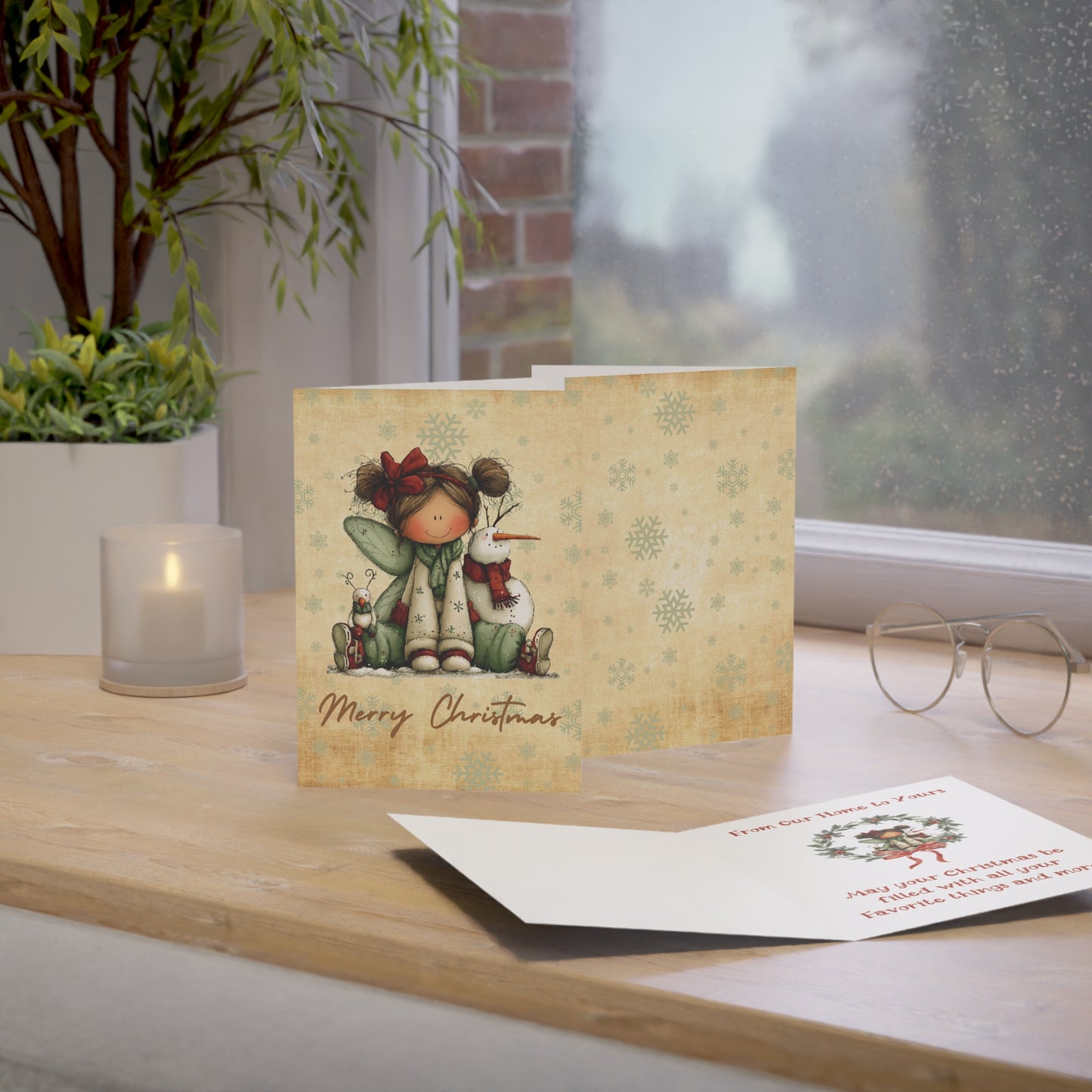 Merry Christmas Cute Snowman & Girl Holiday Greeting Cards