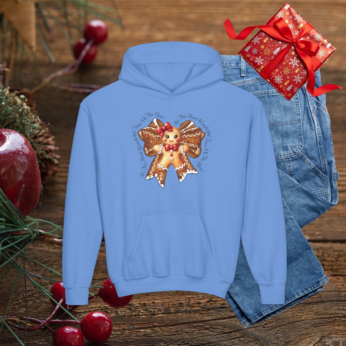 Kids Christmas Gingerbread Bow Hoodie - Cute Holiday Youth Sweatshirt