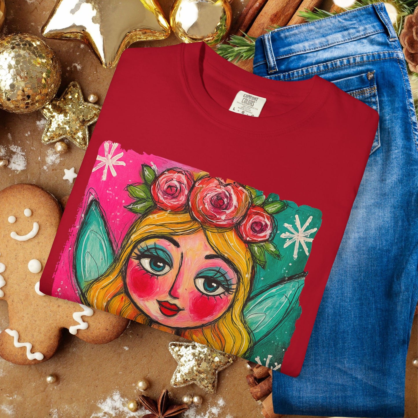Whimsical Floral Crown Girl T-Shirt — Colorful Folk Art Portrait Tee