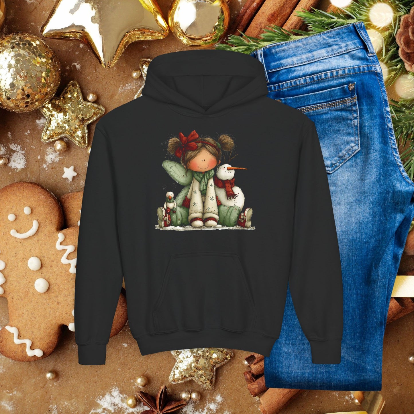 Kids Christmas Angel Hoodie — Cute Elf with Snowman Holiday Sweatshirt