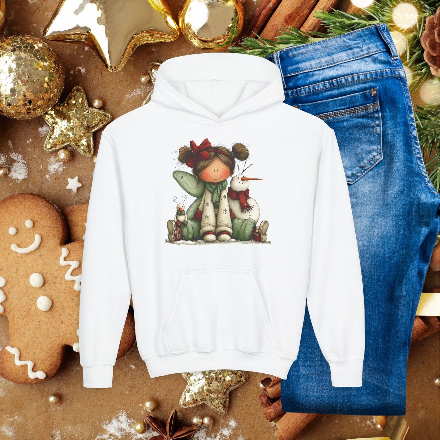 Kids Christmas Angel Hoodie — Cute Elf with Snowman Holiday Sweatshirt