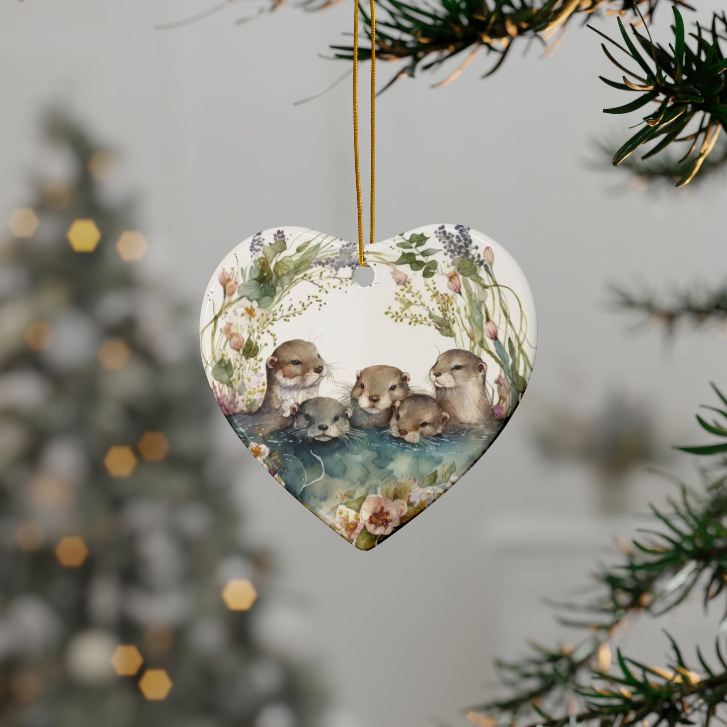 Otter Family Ceramic Ornament – Whimsical Woodland Holiday Decor