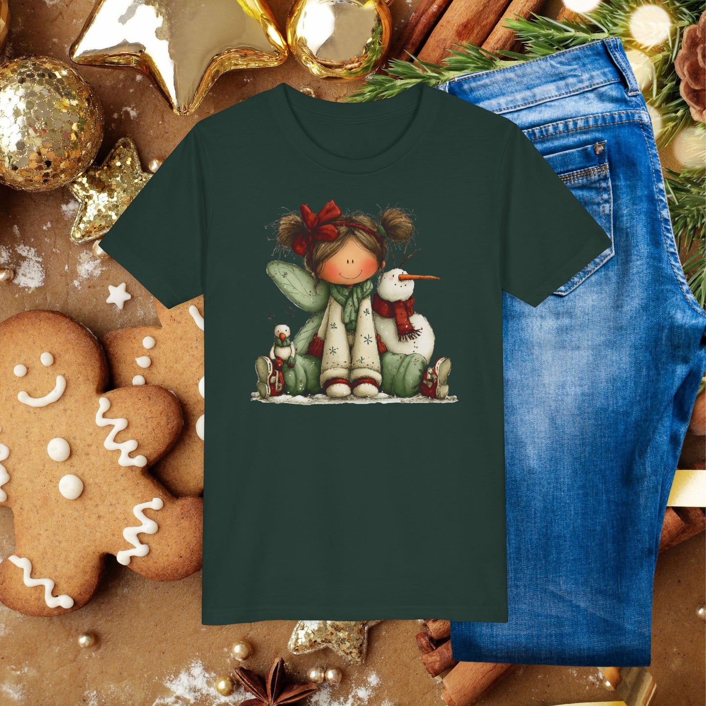 Kids Christmas Fairy Tee — Cute Girl with Snowman Holiday Shirt