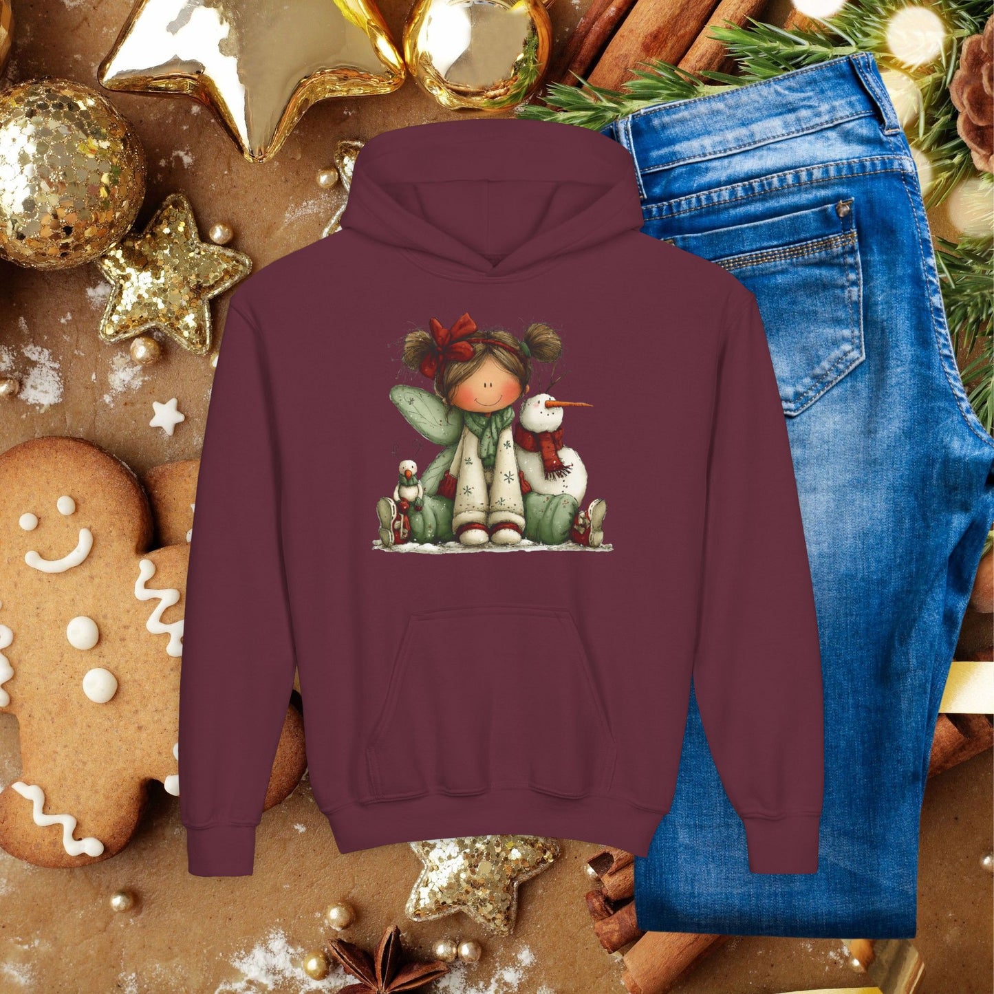 Kids Christmas Angel Hoodie — Cute Elf with Snowman Holiday Sweatshirt