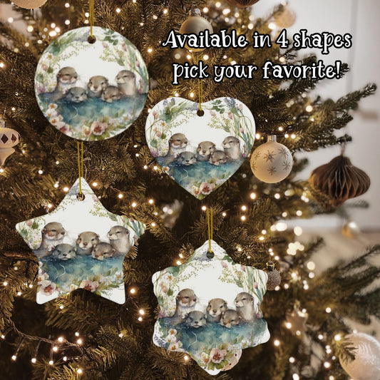 Otter Family Ceramic Ornament – Whimsical Woodland Holiday Decor